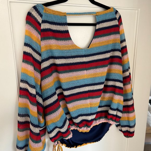 Parker Felicia Off Shoulder Top Sz L Multicolor Stripes Knit Balloon Sleeves - Picture 8 of 9
